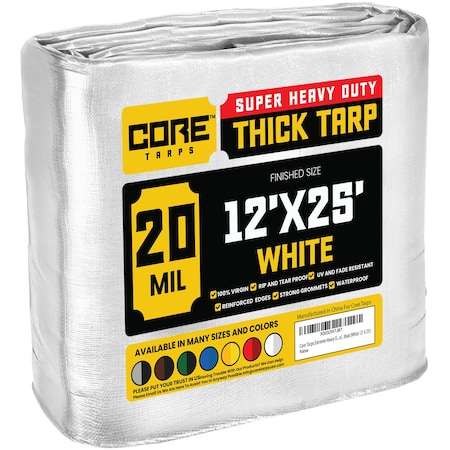 Core Tarps Heavy Duty Tarp, 25 ft L x 0.5 mm H x 12 ft W, 20 Mil, White, Polyethylene CT-704-12X25